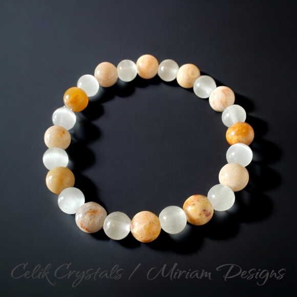 Coral Jade Cat Eye Bracelet 8mm Natural Stones Unisex Healing Bracelet - Picture 3 of 4